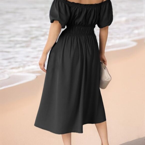 Women's Midi Dress Off Shoulder Puff Sleeve Summer Casual Flowy A Line Beach - Picture 3 of 5